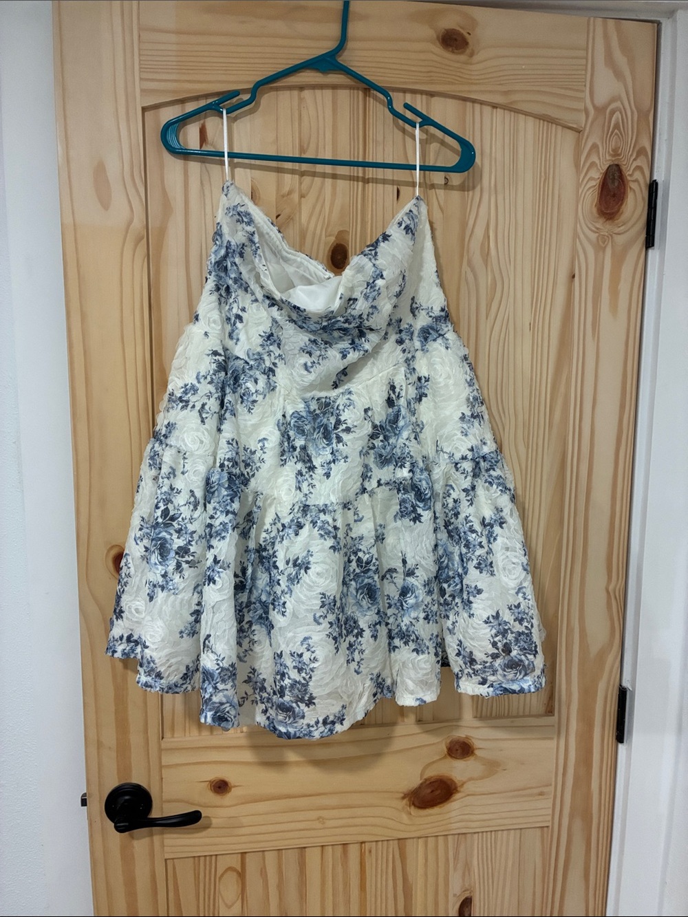 Floral Strapless Dress in Cream and Blue Floral